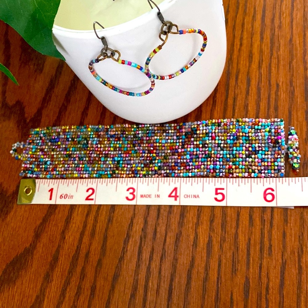 Beaded Multi-Color French Wire Hoop Earrings & Bracelet - Beautiful Multicolor!